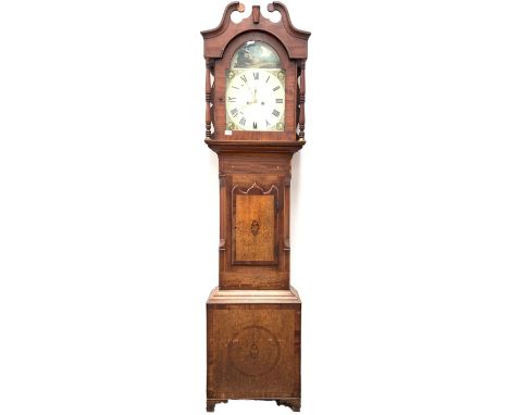 Late Georgian oak and mahogany longcase clock, painted white enamel dial with Roman chapter ring and subsidiary seconds hand,