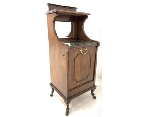 Edwardian walnut coal purdonium, raised open shelf over bevelled mirror plate, panelled fall front revealing coal box, raised