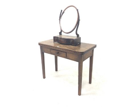 19th century mahogany fold over tea table, with single frieze drawer, raised on square tapered supports, (W92cm) together wit