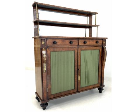 Regency period rosewood chiffonier side cabinet, raised mirrored back with pierced brass gallery and open shelves, brass flor