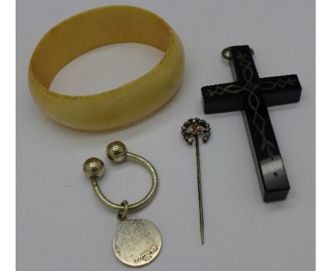 An ivory bangle, a pin, a cross pendant, a Tiffany keyring, a/f, and a Rolex box