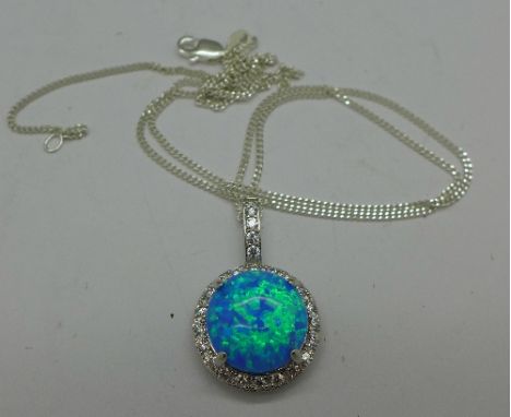 A synthetic opal and silver pendant and chain