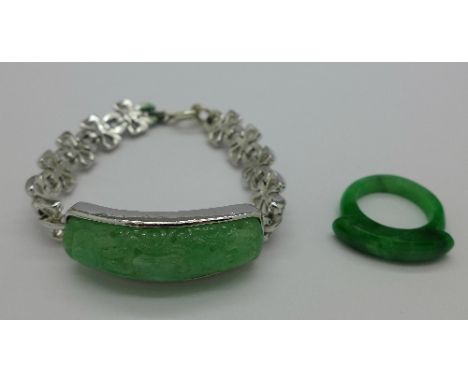 A silver and jade bracelet and a jade ring