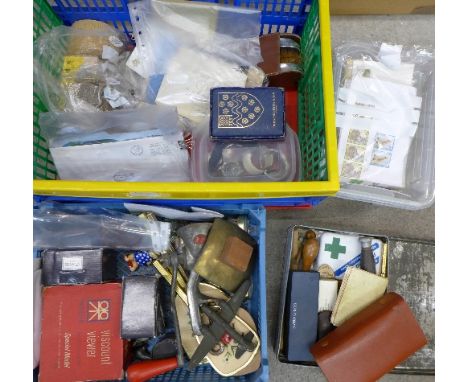 Two boxes of assorted items including stamps, watches, knife, grinder, brass model of an aeroplane, etc.