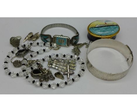 A wristwatch with silver and stainless steel bracelet, Clio Blue, a silver bangle, two silver and marcasite rings, four pairs