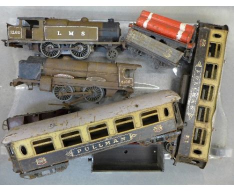 Hornby O gauge model rail; two engines, two Pullman coaches and other rolling stock