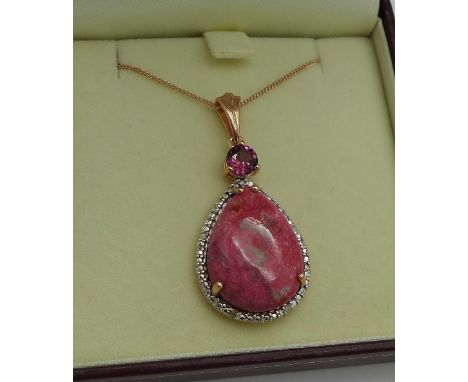 A silver gilt, thulite, garnet and diamond pendant with chain