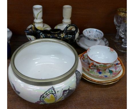 A lustre bowl, a cow creamer, a/f, a pair of vases, a pair of Royal Worcester plates and two cups and saucers