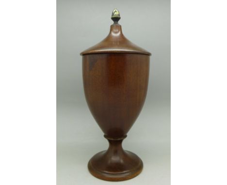 A treen urn with lid, gilt metal acorn finial, 23cm