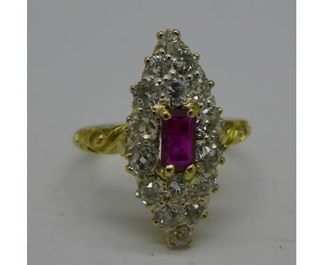 A Victorian ruby and diamond marquise shaped cluster ring, 3.9g, N