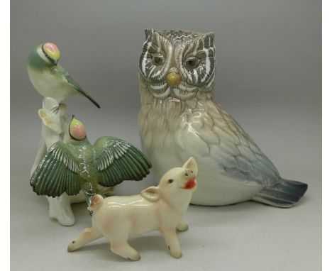 A Goebel model of a pig, a continental figure of two songbirds and a Porceval figure of an owl