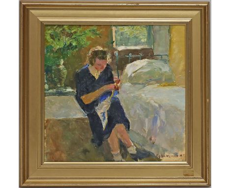Rubinsky, Igor Pavlovich (1919-1995) Strickendes, auf Bett sitzendes Mädchen. Öl/Platte, re. u. sign. Ca. 30x 30 cm. R.