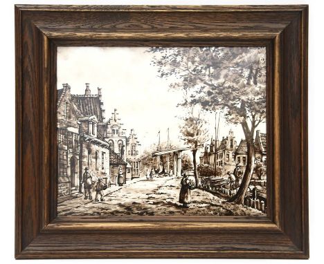 Bildplatte, De Porceleyne Fles, Delft. In Sepia gemalte Ansicht "Ponteresk", von Jan Dessens. Ex. 36/50. Pinselmarke De Porce
