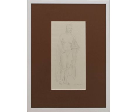 Marcks, Gerhard (1889 Berlin - Burgbrohl 1981) Stehender, weiblicher Akt mit Umhang. Bleistiftzeichnung/Papier (Ränder wellig