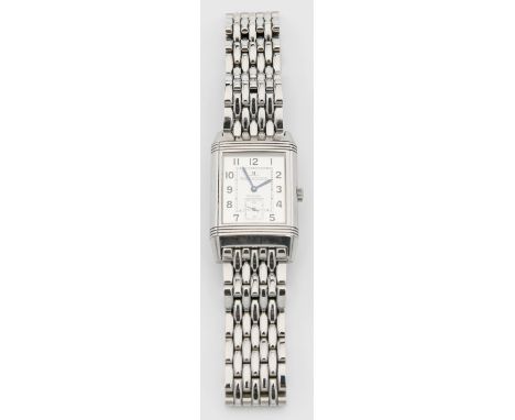 Herrenarmbanduhr "Jaeger-LeCoultre Reverso". Edelstahlgehäuse und -armband. Rechteckiges, um 180 Grad drehbares Wendegehäuse,