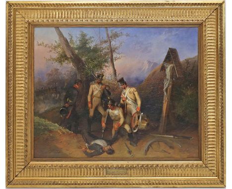 Sell, Christian I. (1831 Altona – Düsseldorf 1883) Soldaten bei Gefallenem. Öl/Lwd. (doubliert), re. u. sign. Ca. 46x 58 cm. 