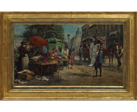 Nitschke, Detlef (geb. 1935 Berlin) Berliner Boulevard mit Blumeständen und Pferdefuhrwerk. Öl/Holz (Craquelé), re. u. sign. 