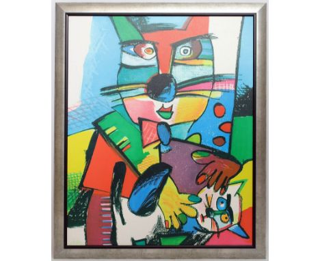 Alt, Otmar (geb. 1940 Werningerode) "Schmusekater". Graphik auf Lwd., verso handsign. und Ex. 80/499. Bildmaß ca. 69 x 36 cm.