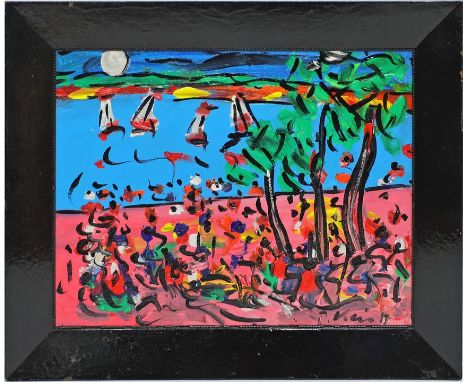 Keil, Peter Robert (geb. 1942 Züllichau) Abstrakte Seenlandschaft mit Segelbooten. Öl/Hartfaser, re. u. sign. 48x 63 cm. R.