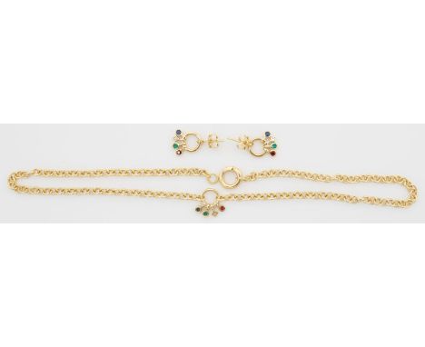 Collier und Paar Ohrstecker. 750/000 GG, brutto 23,6 g. Mittelteil des Colliers und Abhängung der Ohrstecker je als Ring mit 