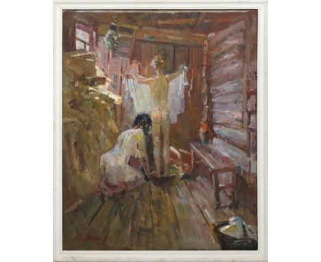 Manasherov, Gennady Iosifovich (geb. 1947, Russland) "Banja" (Badehaus), so verso betitelt. Öl/Lwd., rückseitig sign. und bez