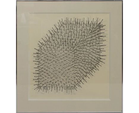 Uecker, Günther (geb. 1930 Wendorf / Mecklenburg) "Kubus" (1972), so im Werk betitelt. Offset-Lithographie, mittig u. mit Ble