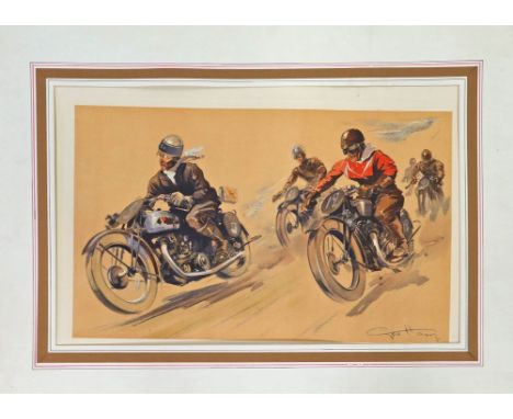 Hamel, Georges (1900 Laval, Mayenne - Paris 1972) Motorradrennen. Farblithographie, im Stein re. u. sign. Ca. 42x 60 cm, brei