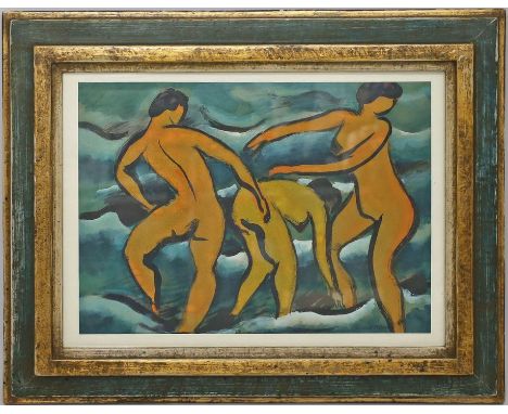 Möller, Rudolf (1881 Schmiedefeld - Berlin 1967) Drei Akte am Strand. Öl bzw. Gouache/Papier, re. u. sign., verso Stempel "Ru