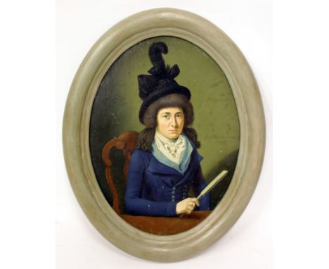 Schwartzenbach, Jacob (1763-1805) Portrait einer Dame mit Hut und Fächer. Öl/Holz (stark gereinigt, rest.), re. sign. und dat