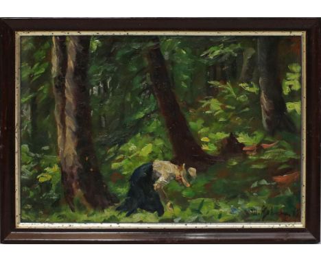 Gehlsen, Max (1881 Büttel - Hamburg 1960) Sammlerin im Wald. Öl/Platte, re. u. sign. und dat. (19)12. Ca. 17,5x 25,5 cm. R.
