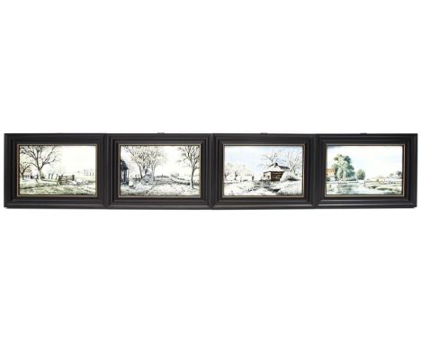 Serie von vier Bildplatten, De Porceleyne Fles, Delft. Polychrom gemalte Landschaften als Darstellungen der Vier Jahreszeiten