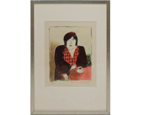 Günther, Herta (1934 Dresden 2018) Dame am Tisch. Handkolorierte Lithographie, re. u. mit Bleistift sign., dat. 1992 und li. 