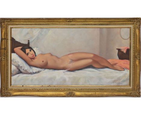 Unbekannter Maler (20. Jh.) Auf dem Rücken liegender, weiblicher Akt. Öl/Lwd., re. u. sign. 40x 80 cm. R.