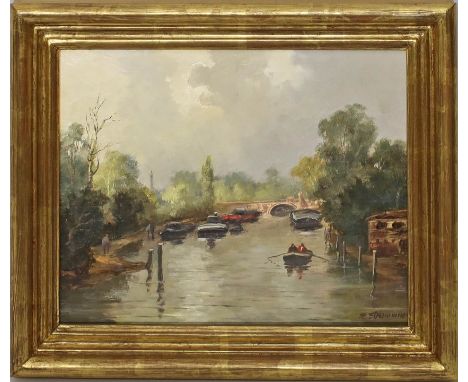 Demmin, Erich (1911 Ivenack - Berlin 1997) Kanallauf mit Booten, eventuell Berlin, Tiergarten mit Siegessäule am Horizont. Öl