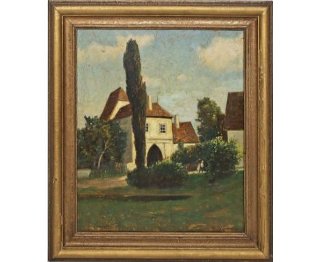 Kuron, Herbert (1888 Breslau - Berlin 1951) Anwesen mit Kindern im Garten. Öl/Platte (l. Altersspuren, kl. Farbfehlstelle), r