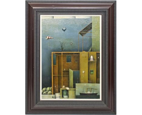 Kolks, Wolfgang (geb. 1935 Essen) Surreale Darstellung mit Dampfschiff. Öl/Lwd., re. u. sign. 56x 40 cm. R.