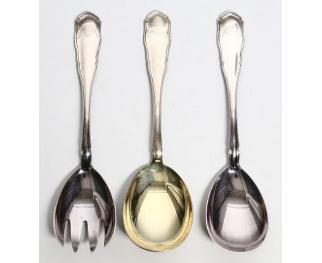 Salatbesteck und Vorlegelöffel, Bruckmann. 800/000 Silber, 251 g. Modell "Chippendale". L. Gebrauchsspuren, 1x Laffe vergolde