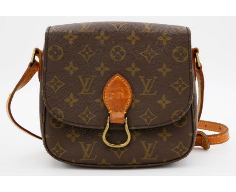 Umhängetasche "Saint Cloud", Louis Vuitton. Vintage Crossbody Bag in Monogram Canvas. Braune Beschläge aus Rindsleder, goldfa