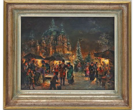 Nitschke, Detlef (geb. 1935 Berlin) Belebte Ansicht des Berliner Weihnachtsmarktes am Dom. Öl/Holz, re. u. sign. Ca. 30,5x 40