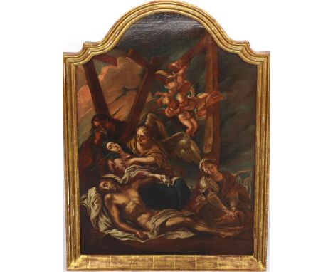 Unbekannter Maler des Barock (18. Jh.) Kreuzabnahme. Öl/Lwd. (doubliert). 95x 62 cm. R. mit Rundbogen, Vergoldung (best.).