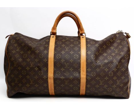 Vintage Weekender, Louis Vuitton. Monogram Canvas, hellbraune Beschläge aus Rindsleder, messingfarbene Hardware, gem. "LOUIS 