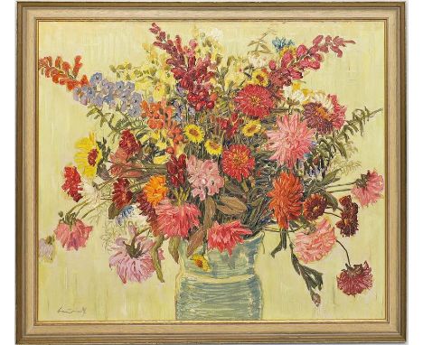 Bauriedl, Otto (1881 München 1961) "Herbstlicher Blumenstrauss", so verso betitelt, sign. und bez. München. Öl/Lwd. (l. Craqu