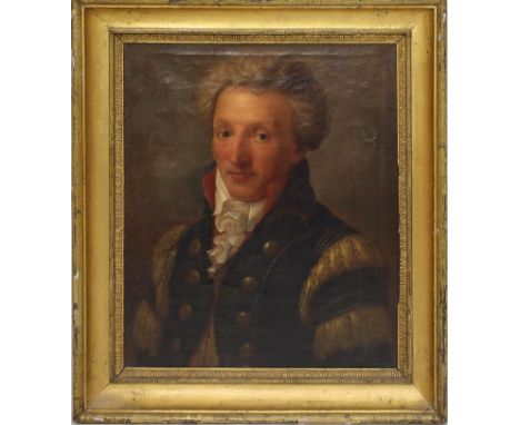 Portraitist (um 1800) Herr in Uniform. Öl/Lwd. (stark rest.). Ca. 55x 48 cm. Original-Rahmen (besch.).