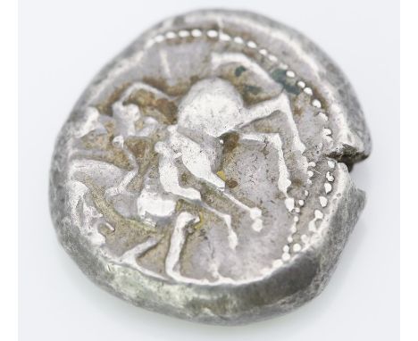 Kilikien, Kelendris 1 Stater, 425-400 v.Chr. Silber, ca. 11 g. Jugendlicher Reiter mit Peitsche springt von einem l. galoppie