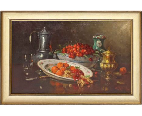 Redtwitz, A. (1871 Österreich 1965) Opulentes Blumenstillleben mit Früchten und Tafelgerät. Öl/Lwd. (im u. Bereich rest.), re