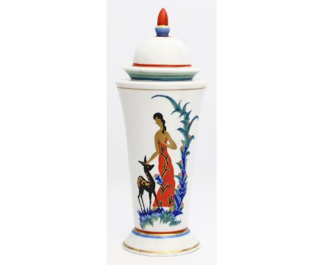 Art Deco-Deckelvase, Rosenthal. Porzellan. Bunt gemalte, stilisierte Landschaft mit neben einem Reh stehendem Mädchen, Dekore