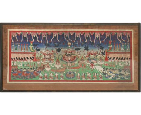 Thangka. Vielfigürliche Darstellung. Altersspuren, l. Farbschäden. Tibet. D. ca. 51x 110 cm. Rahmen (Glas best.).