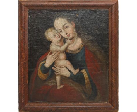 Unbekannter Maler des Barock (17./18. Jh.) Madonna mit Kind. Öl/Lwd. (besch.), auf Platte aufgezogen. 65x 55 cm. In bemaltem 