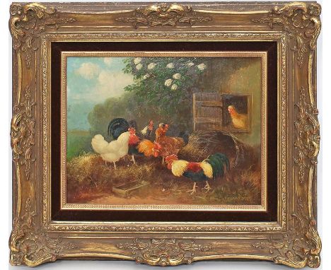 Scheuerer, Otto (1862 München 1934) Hühnerhof. Öl/Platte, re. u. sign. Ca. 19,5x 26 cm. R. 