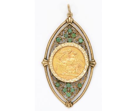 A 9ct gold mounted 1901 Victorian Old Head sovereign pendant, the frame set with emeralds, 17.3gm